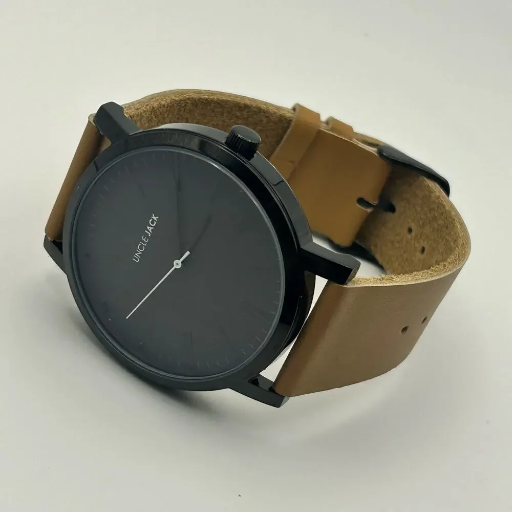 Uncle Jack Black Case Tan Genuine Leather Men’s Minimalist Watch New Battery